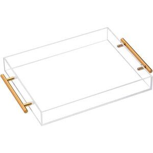 Clear Acrylic Serving Tray Metal Handles Decorative Organizer Coffee Breakfast